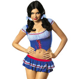 Mischievous countryside girl costume. A top imitates a corset put on a checkered white and blue blouse.