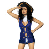 Be a sexy Pirate and conquer the seas of desire. 5 pcs costume is made of soft velvet and a white fabric. Navy dress emphasise breasts and the waistline.