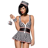 5 pcs costume for naughty girls. Black-and-white stripes dress is made of an elastic fabric with pink leather inserts. Front of dress is playfully zipped, perfectly emphasizes feminine shapes.